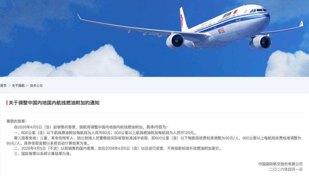 多航司宣布：上调国内燃油附加费