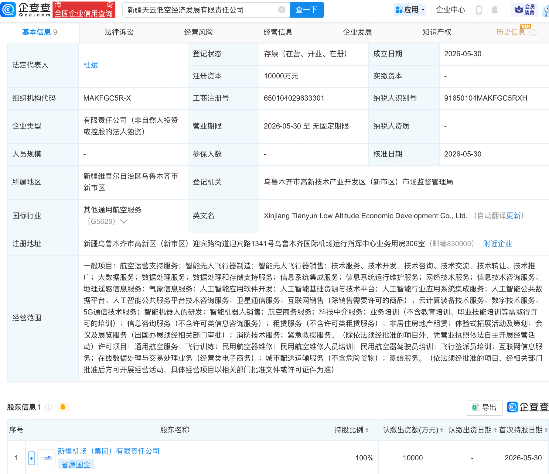 新疆天云低空经济发展公司注册成立，由新疆机场（集团）有限责任公司全资持股