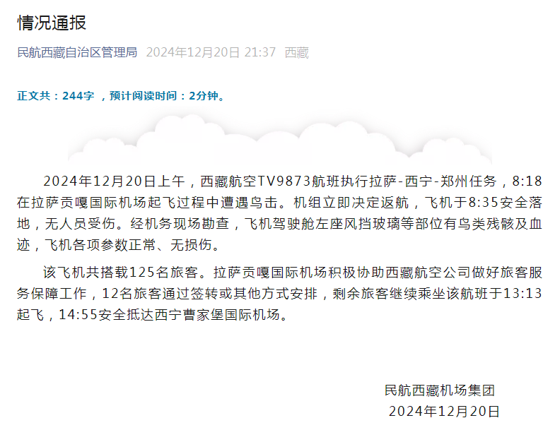 民航西藏機場通報：西藏航空一航班自拉薩起飛過程中遭遇鳥擊隨后返航，飛機已安全落地?zé)o人受傷