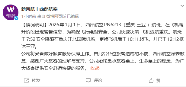 突发！飞机爬升阶段出现警告信息，紧急返航！官方最新通报→